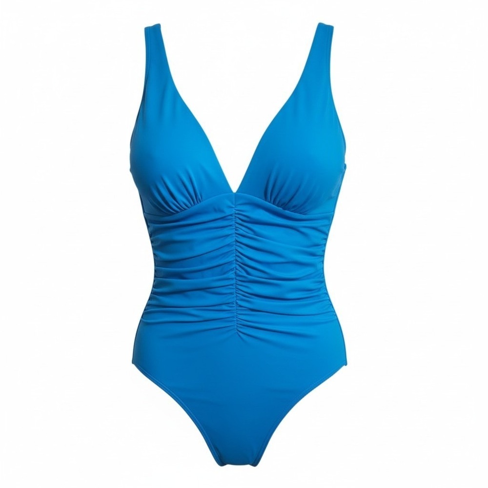 Miraclesuit Sanibel Blue One Piece Swimsuit Tummy Control Ruched V-Neck Size 14